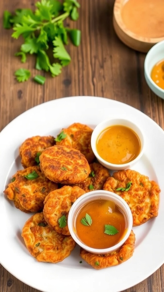 Crispy air fryer pork fritters served with dipping sauce on a rustic table.